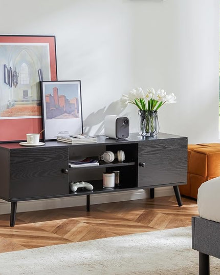 Sweetcrispy TV Stand for 55 60 inch Television, Entertainment Center with Storage, 2 Cabinet Media Console Table, Soft Hinge Door with Handle, Wood Feet, Living Room, Bedroom Furniture, Black - LeafyLoom