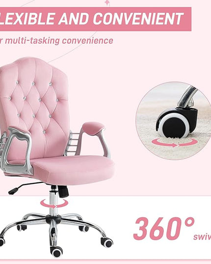 Vinsetto Home Office Chair, Velvet Computer Chair, Button Tufted Desk Chair with Swivel Wheels, Adjustable Height, and Tilt Function, Pink - LeafyLoom