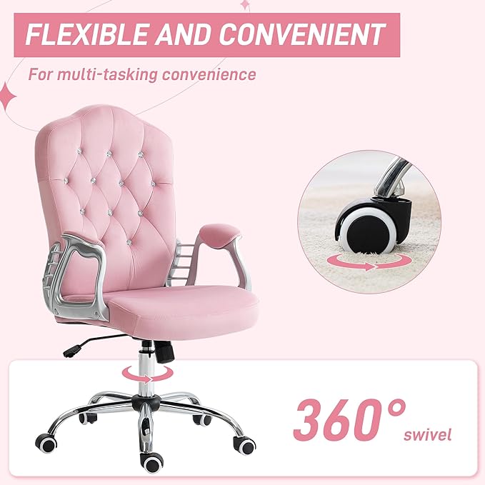 Vinsetto Home Office Chair, Velvet Computer Chair, Button Tufted Desk Chair with Swivel Wheels, Adjustable Height, and Tilt Function, Pink - LeafyLoom