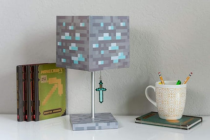 Minecraft Diamond Ore Block LED Lamp w/ 3D Diamond Sword Puller | 14-Inch Lamp - LeafyLoom