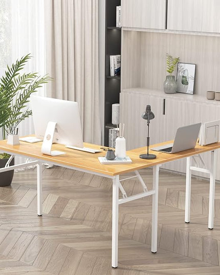 DlandHome Reversible L-Shaped Desk Large Corner Desk Folding Table Computer Desk Home Office Table Computer Workstation, ND11 (Teak + White) - LeafyLoom