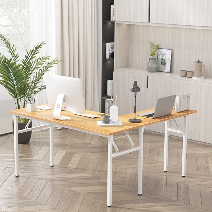 DlandHome Reversible L-Shaped Desk Large Corner Desk Folding Table Computer Desk Home Office Table Computer Workstation, ND11 (Teak + White) - LeafyLoom