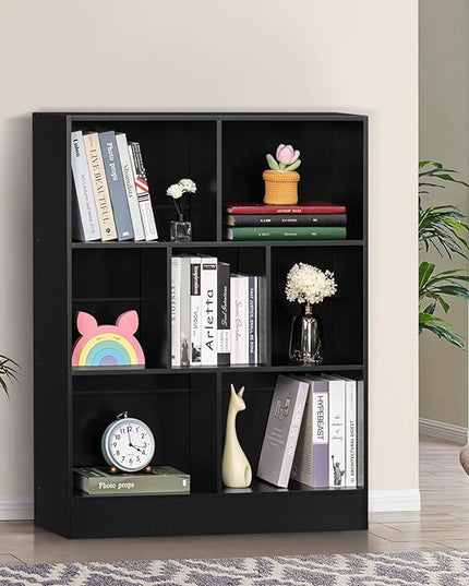YAHARBO 5 Cube Black Bookshelf,Small Modern Horizontal Bookcase,Wood Floor Standing Low Bookshelves Display Storage Cabinet with Base, Short Book Shelf Open Organizer for Bedroom,Living Room,Office - LeafyLoom