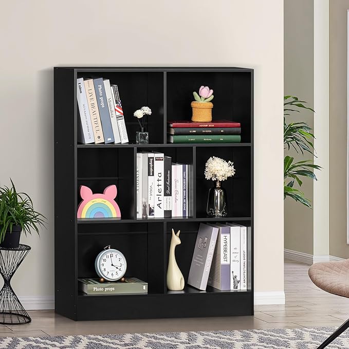 YAHARBO 5 Cube Black Bookshelf,Small Modern Horizontal Bookcase,Wood Floor Standing Low Bookshelves Display Storage Cabinet with Base, Short Book Shelf Open Organizer for Bedroom,Living Room,Office - LeafyLoom