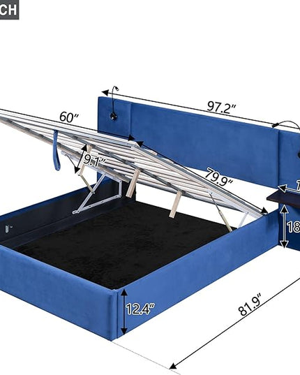 Queen Size Storage Upholstered Hydraulic Platform Shelves, Modern Velvet Fabric Bed Frame W/ 2 Lights and USB Port,No Box Spring Required,for Bedroom, Apartment,Blue - LeafyLoom