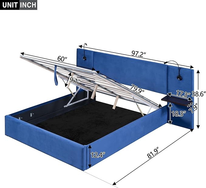 Queen Size Storage Upholstered Hydraulic Platform Shelves, Modern Velvet Fabric Bed Frame W/ 2 Lights and USB Port,No Box Spring Required,for Bedroom, Apartment,Blue - LeafyLoom