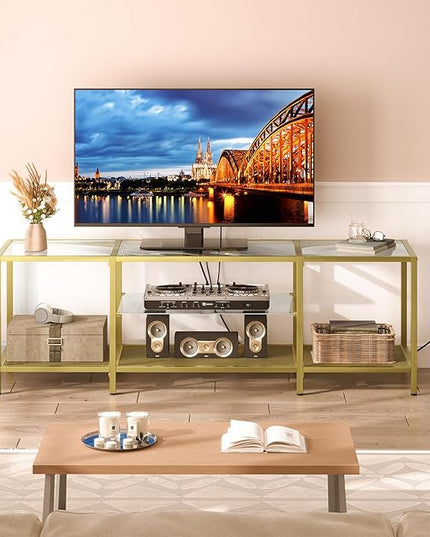 HOOBRO TV Stand with LED Lights and Power Outlets for TVs up to 75", Modern 70.9 Inch Tempered Glass TV Console Table with Open Shelves, Media Entertainment Center for Living Room, Gold GD185UDS01 - LeafyLoom