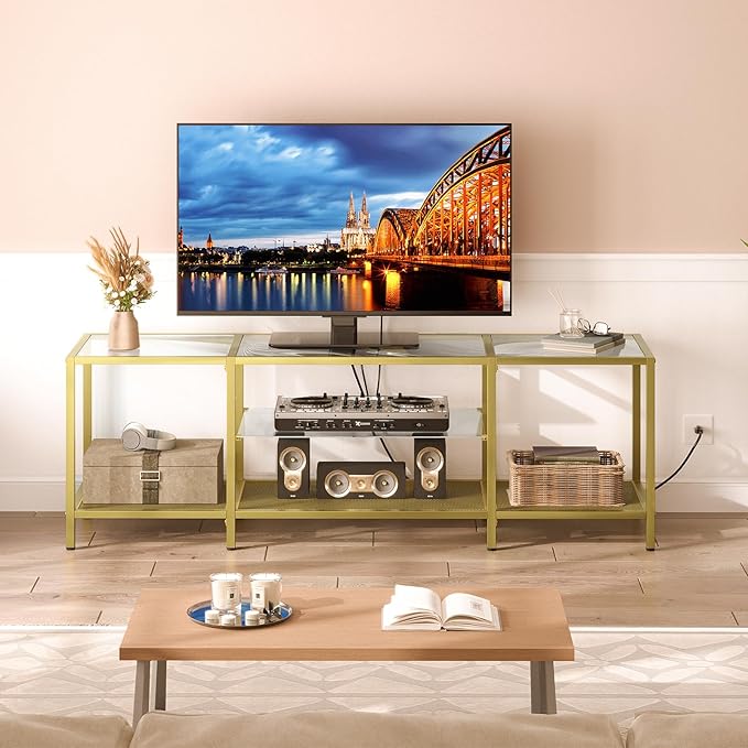 HOOBRO TV Stand with LED Lights and Power Outlets for TVs up to 75", Modern 70.9 Inch Tempered Glass TV Console Table with Open Shelves, Media Entertainment Center for Living Room, Gold GD185UDS01 - LeafyLoom