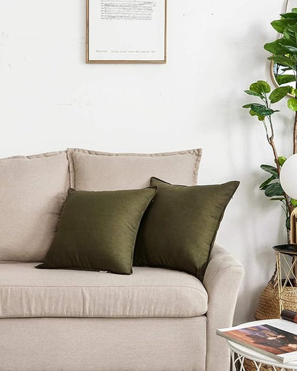 Jeanerlor 18"x18" Solid Cotton Linen Decoration Green Throw Pillow Case with Zipper Cushion Case Pillow Cover Decorative Pillowcase for Chair/Bed/Couch, (45 x 45cm),2 Packs, Olive Green - LeafyLoom