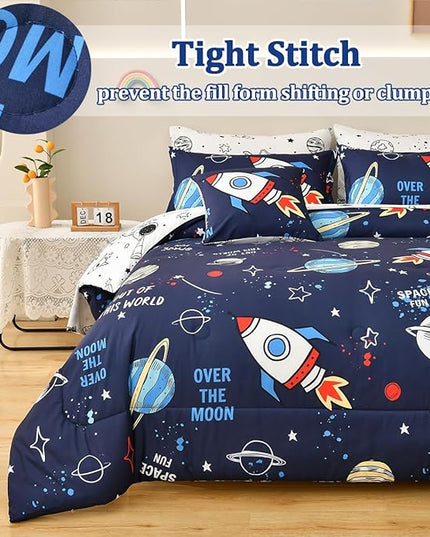 Rocket Comforter Set Full Size, 8 Piece Bed in a Bag Space Bedding Sets for Boys Girls Kids - LeafyLoom
