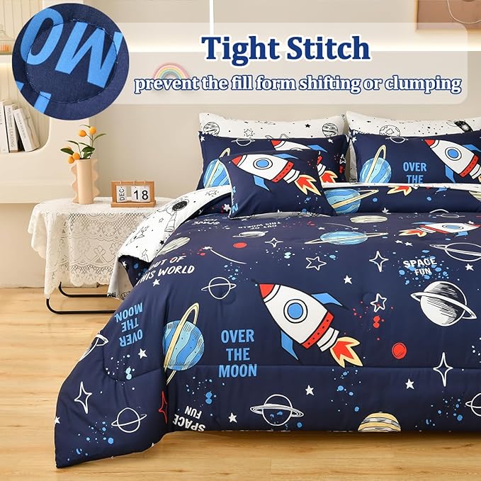 8 Piece Kid Comforter Set Twin Size Bed in a Bag, Space Rocket Bedding Set for Teen Boys Girls - LeafyLoom