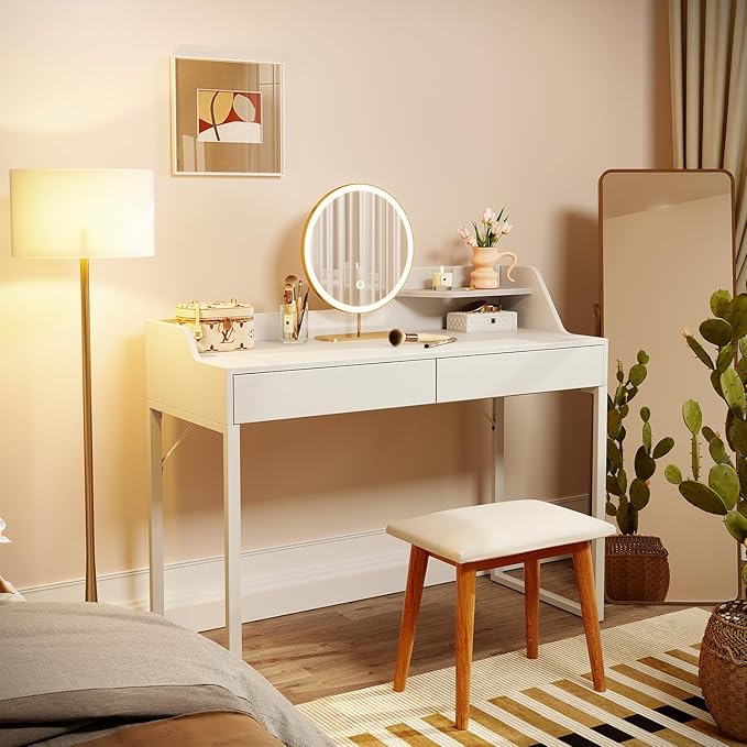 CubiCubi Vanity Desk with 2 Drawers, 40 Inch Computer Home Office Desk, Modern Makeup Dressing Desk, Study Work Table, White - LeafyLoom