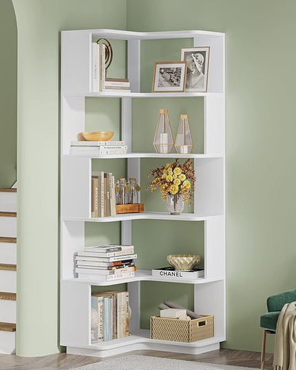 Corner Bookshelf, 64.9 Inch Tall Bookcase with Anti-Drop Panel, Modern Freestanding Corner Shelf Display Rack Storage Organizer for Home Office, Living Room, White - LeafyLoom