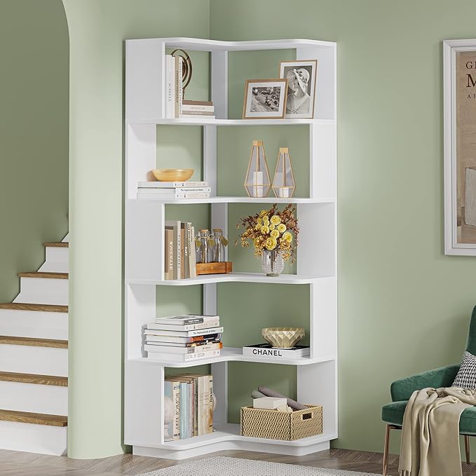 Corner Bookshelf, 64.9 Inch Tall Bookcase with Anti-Drop Panel, Modern Freestanding Corner Shelf Display Rack Storage Organizer for Home Office, Living Room, White - LeafyLoom