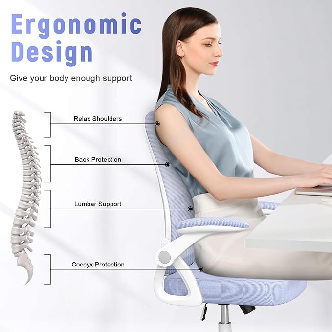 naspaluro Ergonomic Office Chair, Mid Back Desk Chair with Adjustable Height, Flip-Up Arms and Lumbar Support, Breathable Mesh Swivel Computer Chair for Home Study Working/Light Purple - LeafyLoom