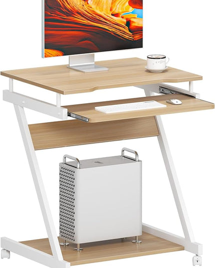 sogesfurniture Mobile Computer Desk Small Rolling Office Table Workstation with Printer Shelf and Keyboard Tray, Space-Saving Computer Desk with Storage Shelf for Home and Office (Maple) - LeafyLoom