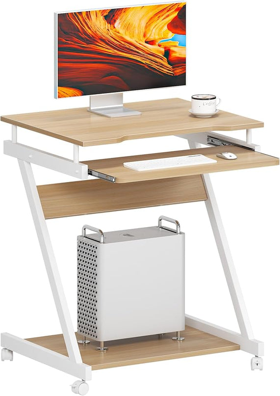 sogesfurniture Mobile Computer Desk Small Rolling Office Table Workstation with Printer Shelf and Keyboard Tray, Space-Saving Computer Desk with Storage Shelf for Home and Office (Maple) - LeafyLoom