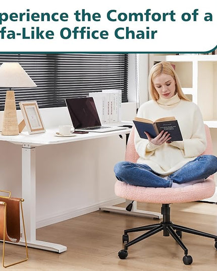 OLIXIS Cross Legged Armless Wide Adjustable Swivel Padded Home Office Desk Chair, Pink with Wheels - LeafyLoom