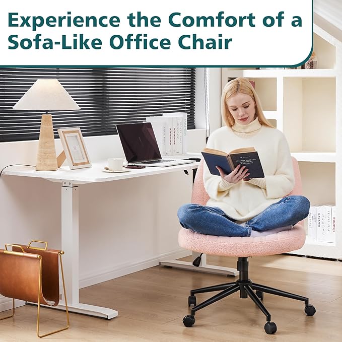 OLIXIS Cross Legged Armless Wide Adjustable Swivel Padded Home Office Desk Chair, Pink with Wheels - LeafyLoom