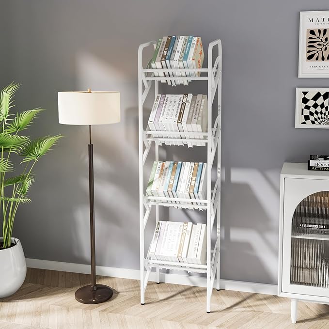 Bookshelf Storage Shelf Bookcase Freestanding Storage Stand Book Organizer for Living Room, Bedroom, Kitchen, Rust Resistance,Easy Assembly Multi-Functional Organizer (4 Tiers, White) - LeafyLoom
