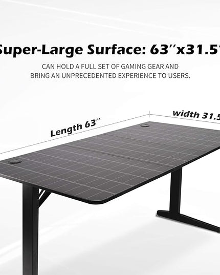 TOPSKY Gaming Desk Large Surface 63’’x31.5’’ with Cup Holder, Headphone Hook and Cable Management (Black) - LeafyLoom