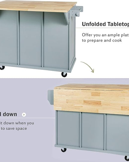 Kitchen Island with Drop-Leaf Countertop, Kitchen-Cart on Five Universal Wheels w/Open Shelves, Storage Cabinet and Three Drawers, Large Rubberwood Top Breakfast Bar for Dining Room - LeafyLoom