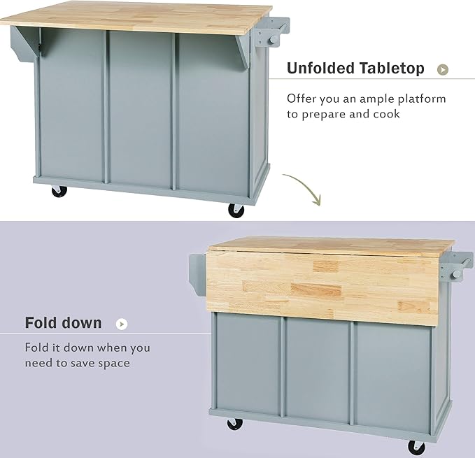 Kitchen Island with Drop-Leaf Countertop, Kitchen-Cart on Five Universal Wheels w/Open Shelves, Storage Cabinet and Three Drawers, Large Rubberwood Top Breakfast Bar for Dining Room - LeafyLoom