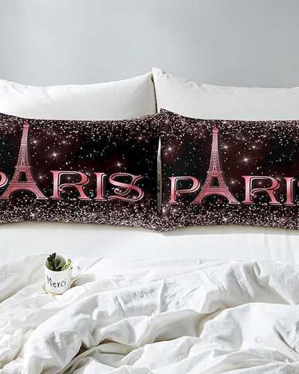 Erosebridal Eiffel Tower Comforter Set Twin Size, Paris France Duvet Sets for Kids Teens Adult Women Bedroom Decor Starry Sky Bling Bedding Set City Building Quilted Duvet with 1 Pillow Case - LeafyLoom