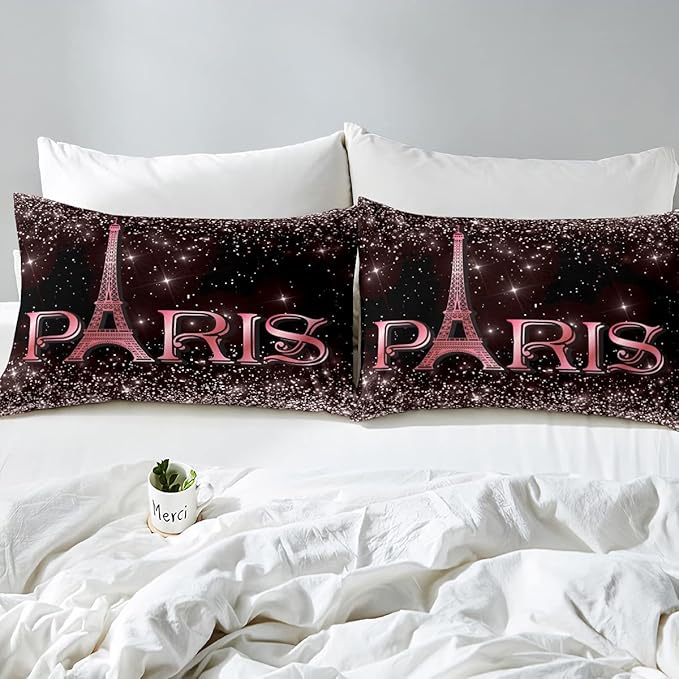 Erosebridal Eiffel Tower Comforter Set Queen Size, Paris France Duvet Sets for Kids Teens Adult Women Bedroom Decor Starry Sky Bling Bedding Set City Building Quilted Duvet with 2 Pillow Cases - LeafyLoom