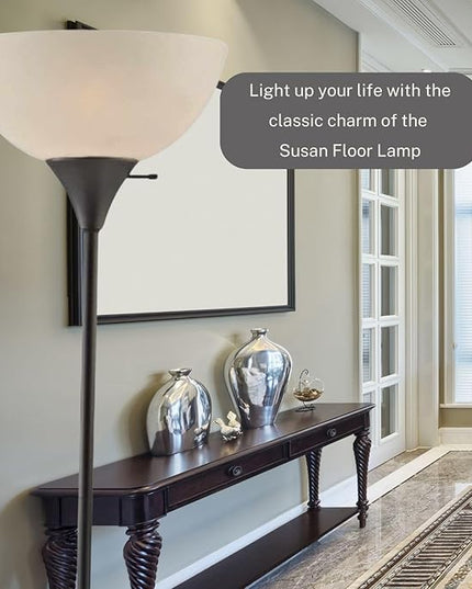 LIGHTACCENTS Stand Up Floor Lamp in Black - Modern Corner Light with White Opal Bowl Shade - Susan Design, Ideal for Living Room or Office, 72" Tall, 150-watt - Chic Living Room Floor Lamp Black - LeafyLoom