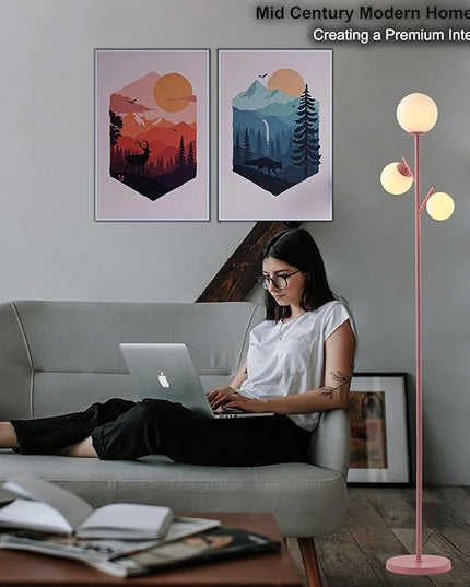 3 Globe Mid Modern Floor Lamp with Orb Frosted Glass Globe and 3000K Warm Light LED Bulbs, Cute Standing Tree Lamp for Living Room, Bedroom, Home & Office - Pink - LeafyLoom