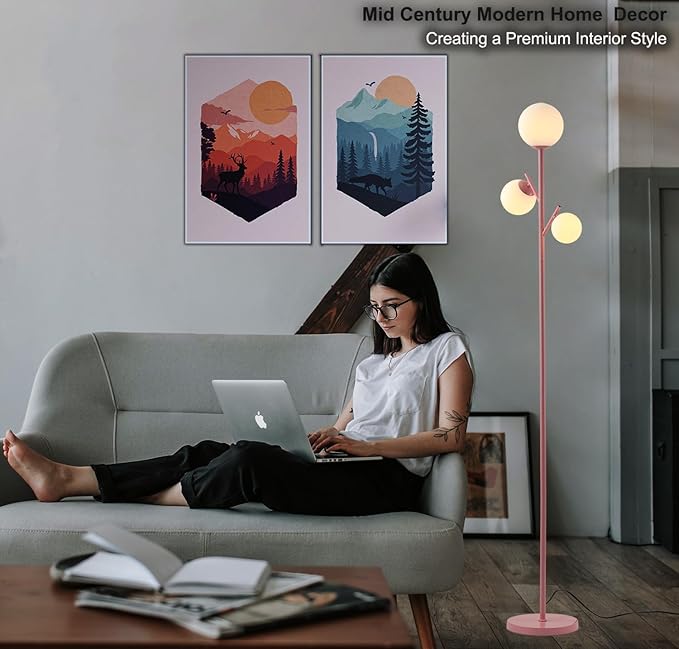 3 Globe Mid Modern Floor Lamp with Orb Frosted Glass Globe and 3000K Warm Light LED Bulbs, Cute Standing Tree Lamp for Living Room, Bedroom, Home & Office - Pink - LeafyLoom