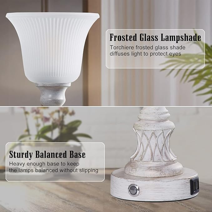 Luvkczc Touch Lamps for Living Room Set of 2, 3-Way Bedside Lamps with Glass Lampshade for Bedroom Living Room Farmhouse Office, Rustic Resin Classic Table Lamps Washed White - LeafyLoom