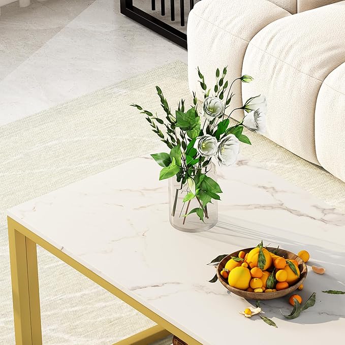 Coffee Table White Faux Marble Coffee Table for Living Room,2 Tiers Rectangle Center Table with Sturdy Metal Frame,Modern Marble Living RoomTable Accent Table for Bedroom Home Office - LeafyLoom
