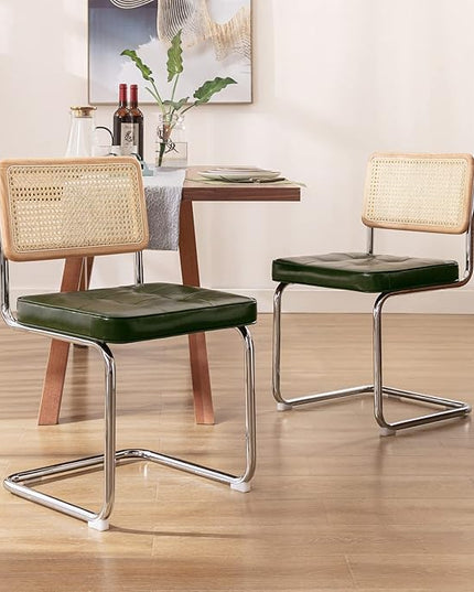 Zesthouse Mid-Century Modern Dining Chairs, Upholstered Tufted Faux Leather Accent Chairs Rattan Dining Chairs Set of 2, Armless Mesh Back Cane Chairs with Metal Chrome Legs, Green - LeafyLoom