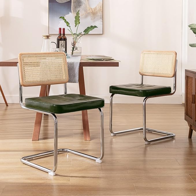 Zesthouse Mid-Century Modern Dining Chairs, Upholstered Tufted Faux Leather Accent Chairs Rattan Dining Chairs Set of 2, Armless Mesh Back Cane Chairs with Metal Chrome Legs, Green - LeafyLoom