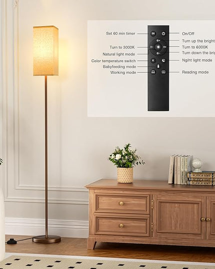 Ambimall Remote Control Floor Lamp, Stepless Dimmable, 64 Inches Tall, Include 9W Bulb, Standing Lamp for Living Room Bedroom Office (Beige & Brown) - LeafyLoom