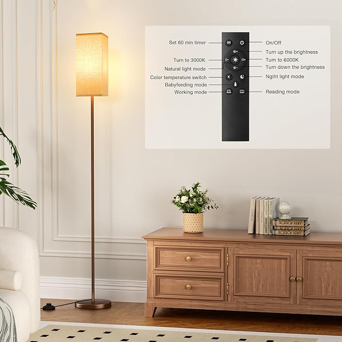 Ambimall Remote Control Floor Lamp, Stepless Dimmable, 64 Inches Tall, Include 9W Bulb, Standing Lamp for Living Room Bedroom Office (Beige & Brown) - LeafyLoom