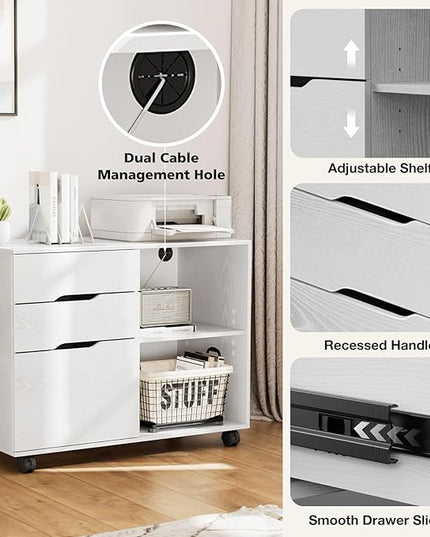 OLIXIS 3 Drawer File Cabinet Lateral Printer Stand with Adjustable Storage Shelves for Home Office Small Space, White - LeafyLoom