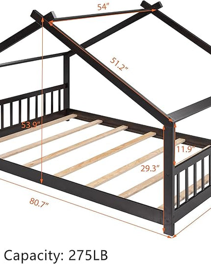 Bellemave Wood Montessori Full Size Bed Frame, Espresso - Playhouse Design, Sturdy, Safety, No Box Spring Needed, Easy Assemble - LeafyLoom
