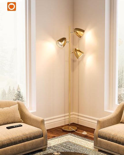 addlon Tree Floor Lamp with remote, 3 Adjustable Rotating Light and Matching LED Bulbs, Standing Tall Pole Lamps for Living Room, Bedroom, Home, Office - Gold - LeafyLoom