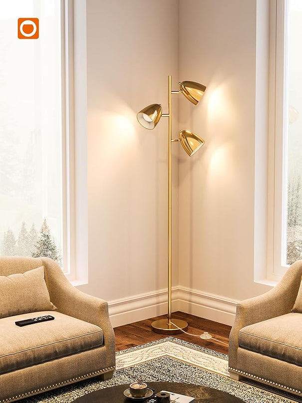 addlon Tree Floor Lamp with remote, 3 Adjustable Rotating Light and Matching LED Bulbs, Standing Tall Pole Lamps for Living Room, Bedroom, Home, Office - Gold - LeafyLoom