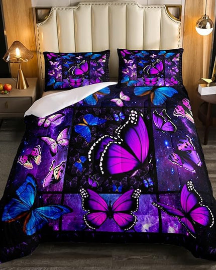 Erosebridal Butterfly Comforter Set Starry Sky Galaxy Comforter Blue Purple Butterfly Bedding Sets King for Kids Girls Teens Women Bed,Aesthetics Butterflies Quilt Duvet Set 2 Pillow Cases Room Decor - LeafyLoom