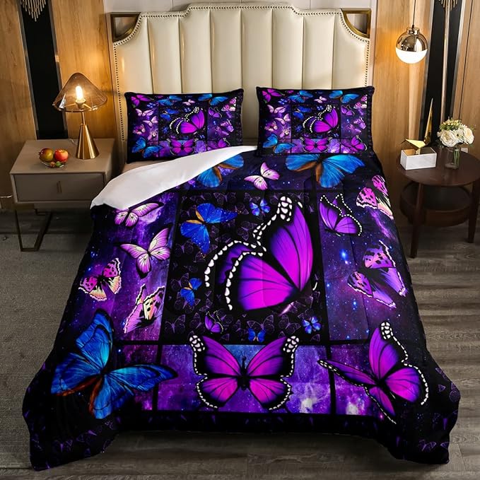 Erosebridal Butterfly Comforter Set Starry Sky Galaxy Comforter Blue Purple Butterfly Bedding Sets Full for Kids Girls Teens Women Bed,Aesthetics Butterflies Quilt Duvet Set 2 Pillow Cases Room Decor - LeafyLoom