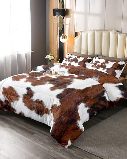 Erosebridal Cowhide Comforter Set for Kids Boys, Cute Brown White Cow Bedding Set Twin Size, Farm Animal Skin Down Comforter Western Cowboy Country Duvet Sets Farmhouse Decoration - LeafyLoom