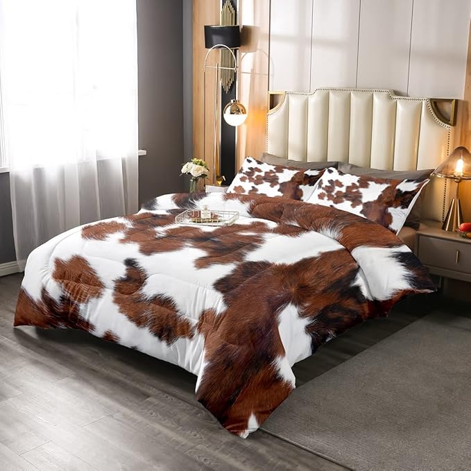 Erosebridal Cowhide Comforter Set for Kids Boys, Cute Brown White Cow Bedding Set Twin Size, Farm Animal Skin Down Comforter Western Cowboy Country Duvet Sets Farmhouse Decoration - LeafyLoom