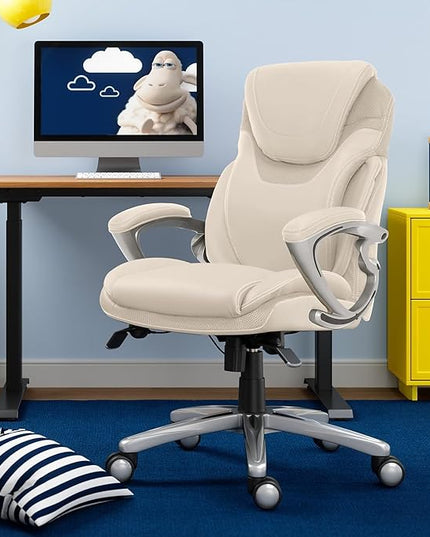 Serta Bryce Executive Office Chair, Ergonomic Computer DeskChair with Patented AIR Lumbar Technology, Comfortable Layered Body Pillows for Cushioning, SertaQuality Foam, Bonded Leather, Cream White - LeafyLoom