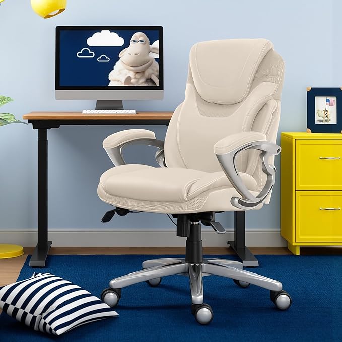 Serta Bryce Executive Office Chair, Ergonomic Computer DeskChair with Patented AIR Lumbar Technology, Comfortable Layered Body Pillows for Cushioning, SertaQuality Foam, Bonded Leather, Cream White - LeafyLoom