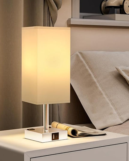 Touch Bedside Table Lamp For Nightstand - 3-Way Dimmable Night Lamp with USB A + Type C Charging Ports and two AC Outlets, Small Desk Light with E26 LED Bulb for Bedroom Living Room Dorm Office,WHITE - LeafyLoom