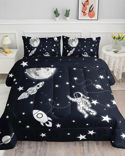 Datura home Kids Comforter Set Astronaut Space Rocket Printed Pattern Quilt Bedding Set with 1 Comforter and 2 Pillowcases for Girls Bedroom All Season(Space Rocket Full), Full 80x90inches - LeafyLoom